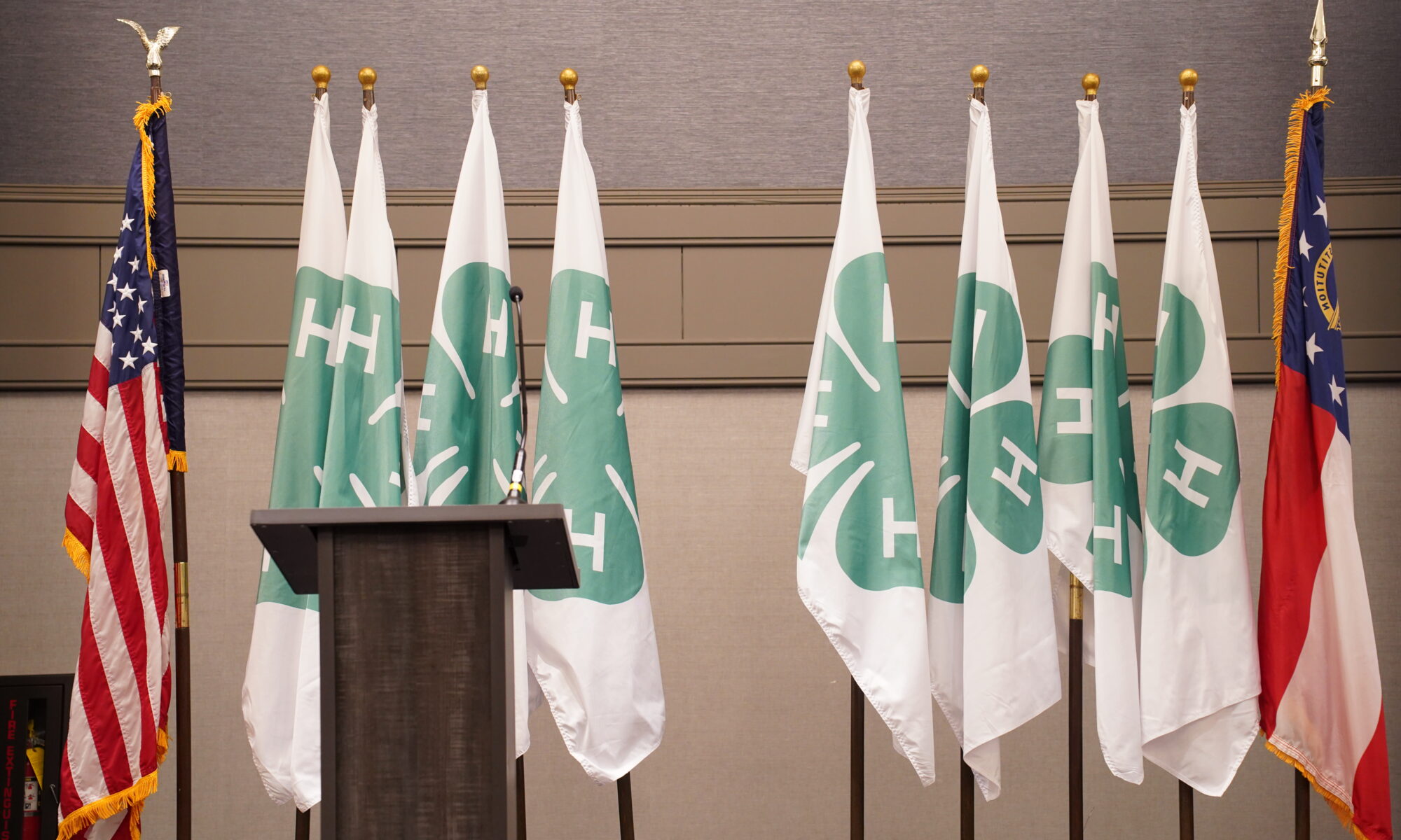 A row of 4-H flags on a stage with the UGA flag on the left and the Georgia flag on the right