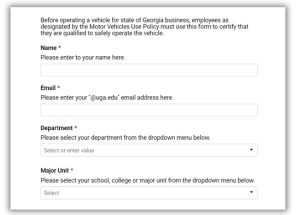 A screenshot of a website identifying where to enter email addresses and major units for the Driver Acknowledgement form referenced here.